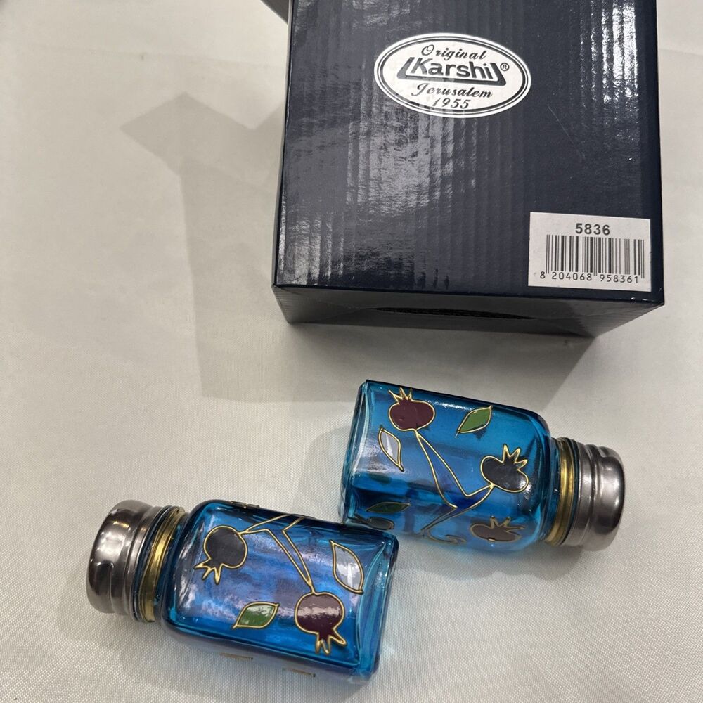 Salt & Pepper Light Blue Glass Shakers - Pomegranates - Karshi Jerusalem New Box - Picture 4 of 7